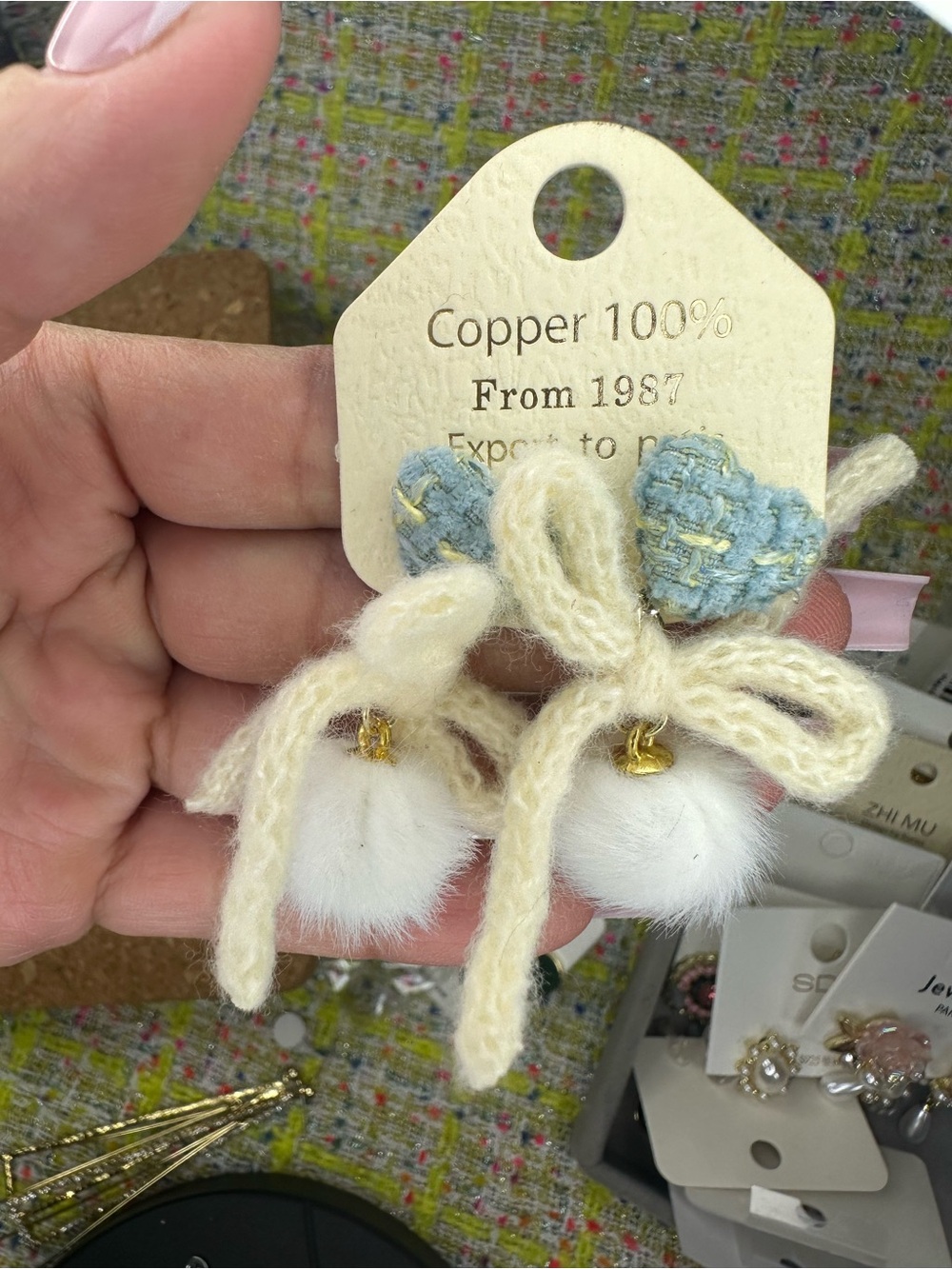 Handmade Cream & Light Blue Pom Pom Bow Earrings - Kids Accessories